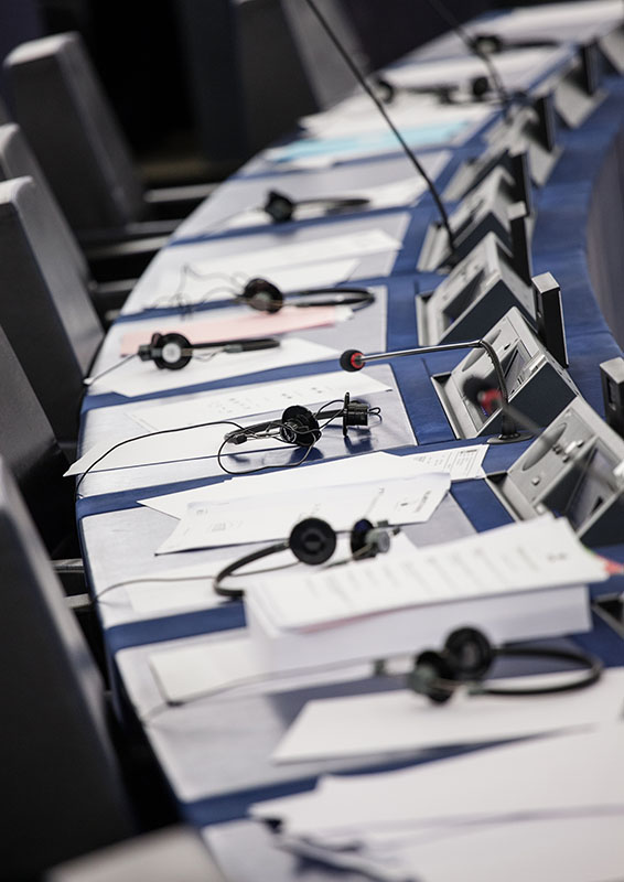 Summer season at the European Parliament in Strasbourg - Empty hemicycle, Headsets